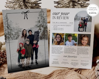 Year In Review Christmas Card Canva Template, Simple Bow Photo Card Newsletter, Editable 3 /4 children Photo Collage Holiday Card