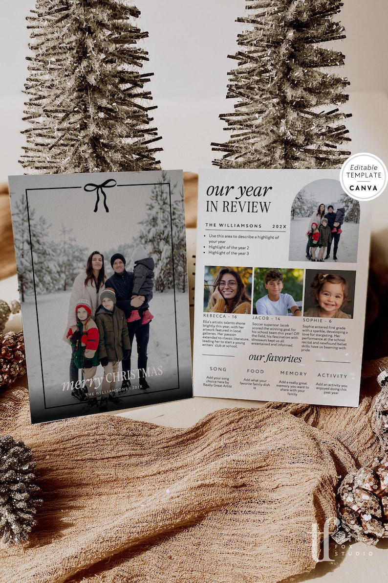 Pode incluir: Modelo de cart&atilde;o de Natal e resumo do ano. O cart&atilde;o de Natal apresenta uma foto de fam&iacute;lia com o texto "merry CHRISTMAS". O cart&atilde;o de resumo do ano inclui fotos de fam&iacute;lia e se&ccedil;&otilde;es para destaques, favoritos e atividades.