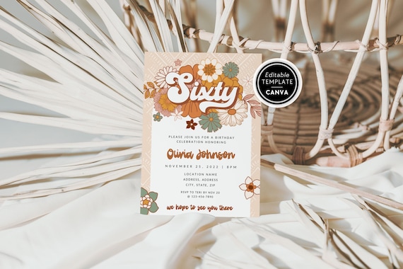 Groovy 60th Birthday Invite Template, Retro 70s Style Birthday Party Digital Invitation, Canva Template, Happy 60th Birthday, Hippie Bday