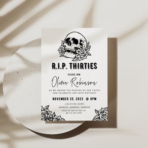 May include: A black and white invitation with a skull and roses design. The text reads "R.I.P. Thirties" and "Please join Oliver Robinson as we mourn the passing of her youth and celebrate her 40th birthday. November 25, 2022 @ 8PM. Location Name. Address, Address, Address. RSVP to Teri by Nov 20. 123-414-7890."