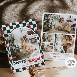 Retro Bows Photo Christmas Card Canva Template, Groovy Editable Holiday Card, Christmas Photo Card, Xmas Card Arch Photo Checkered