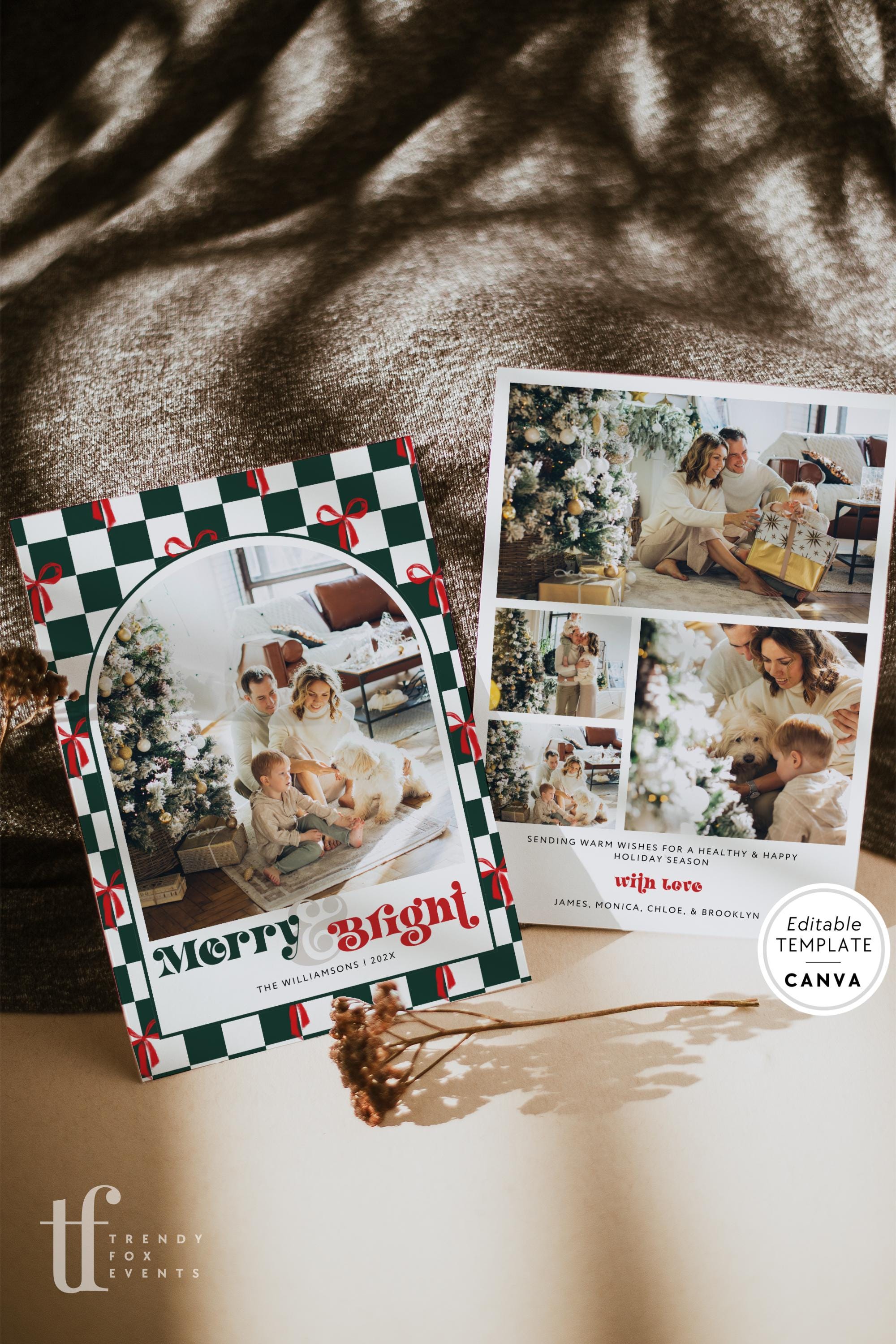Retro Bows Photo Christmas Card Canva Template, Groovy Editable Holiday Card, Christmas Photo Card, Xmas Card Arch Photo Checkered