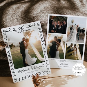 Married & Bright Christmas Card Canva Template, Wavy Bow Newlywed Christmas Photo Card, Editable First Christmas Mr and Mrs Merry Married