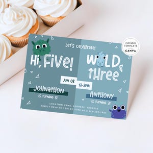 Joint Birthday Party Invitation Canva Template, Editable Monster Wild & Three Hi Five Dual Boys 3rd 5th Digital Invite