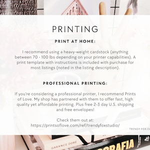 May include: A white text box with black text outlining printing options for a printable product. The text includes "PRINTING", "PRINT AT HOME", "PROFESSIONAL PRINTING", and a link to "Prints of Love" for professional printing. The text box is on a white background with a blurred image of a floral arrangement in the background.