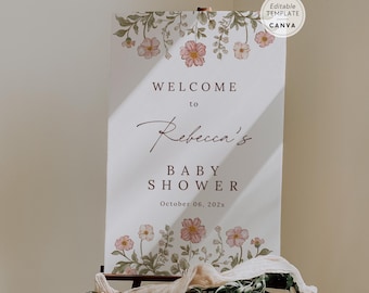 Floral Baby Shower Welcome Sign Canva Template, Garden Party Welcome Poster Printable, Editable Vintage Floral Sign BSIT34