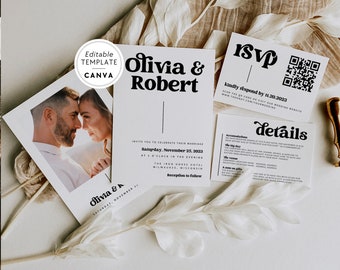 Retro Wedding Invitation Suite Canva, Photo Wedding Invitation, Editable Wedding Invite, Wedding Suite Template with Pic, QR Code RSVP, Dani