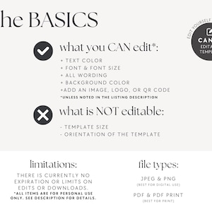 Pode incluir: Gr&aacute;fico creme com o texto "the BASICS" no topo. O texto detalha o que pode e n&atilde;o pode ser editado em um modelo, incluindo cor do texto, fonte e tamanho. Um logotipo do Canva est&aacute; no canto superior direito.