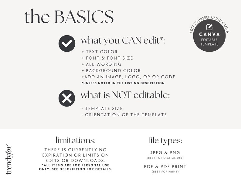 Pode incluir: Gr&aacute;fico creme com o texto "the BASICS" no topo. O texto detalha o que pode e n&atilde;o pode ser editado em um modelo, incluindo cor do texto, fonte e tamanho. Um logotipo do Canva est&aacute; no canto superior direito.