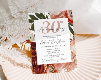 30th Anniversary Invitation Template, Printable Floral Anniversary Invite, Pearl Wedding Anniversary Party Invitation, DIY Canva Template