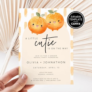 Gender Reveal Invitation Template, A Little Cutie Gender Reveal Party Invite, He or She Cutie Orange Invitation, DIY Canva Template