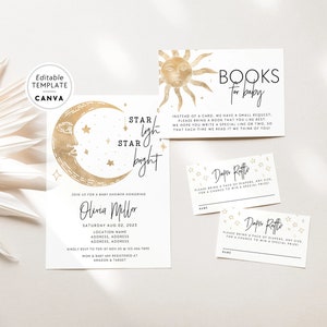 Moon Baby Shower Invitation Template Bundle Canva, Baby Shower Diaper Raffle, Books For Baby, Instant Download, Boho Stars Baby Shower, Mia