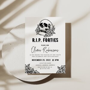 May include: A cream-colored invitation card with black text and illustrations. The card features a skull with roses, the text "R.I.P. FORTIES", and event details. The invitation is for Olivia Robinson's 50th birthday on November 25, 2022.
