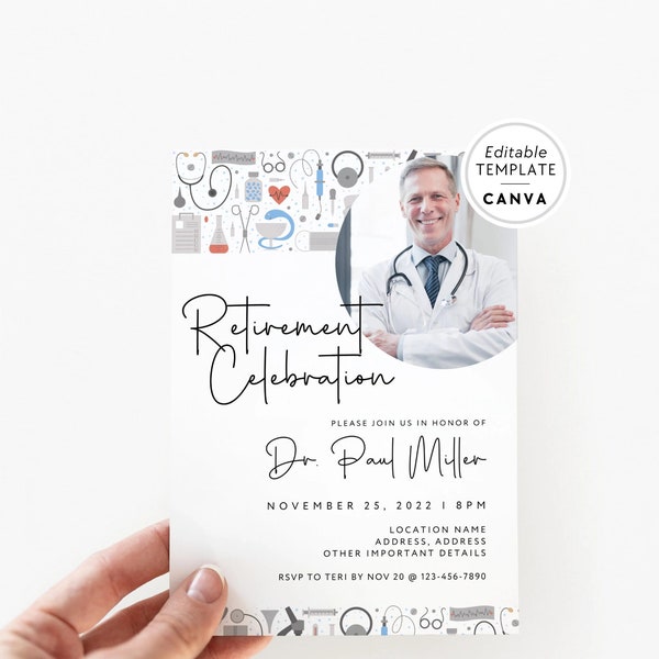 Doctor Retirement Party Invitation Printable, Canva Template, Modern Photo Retirement Celebration Invite, DIY Nurse Retirement Invitation