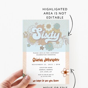 Puede incluir: Una invitaci&oacute;n azul claro y melocot&oacute;n con un dise&ntilde;o floral y el texto "Sixty" en una fuente retro. La invitaci&oacute;n es para una celebraci&oacute;n de cumplea&ntilde;os en honor a Olivia Johnson. La fecha es el 25 de noviembre de 2022 y la hora es las 8 PM. La invitaci&oacute;n incluye el texto "Por favor, &uacute;nase a nosotros para una celebraci&oacute;n de cumplea&ntilde;os en honor a Olivia Johnson" y "Esperamos verte all&iacute;".