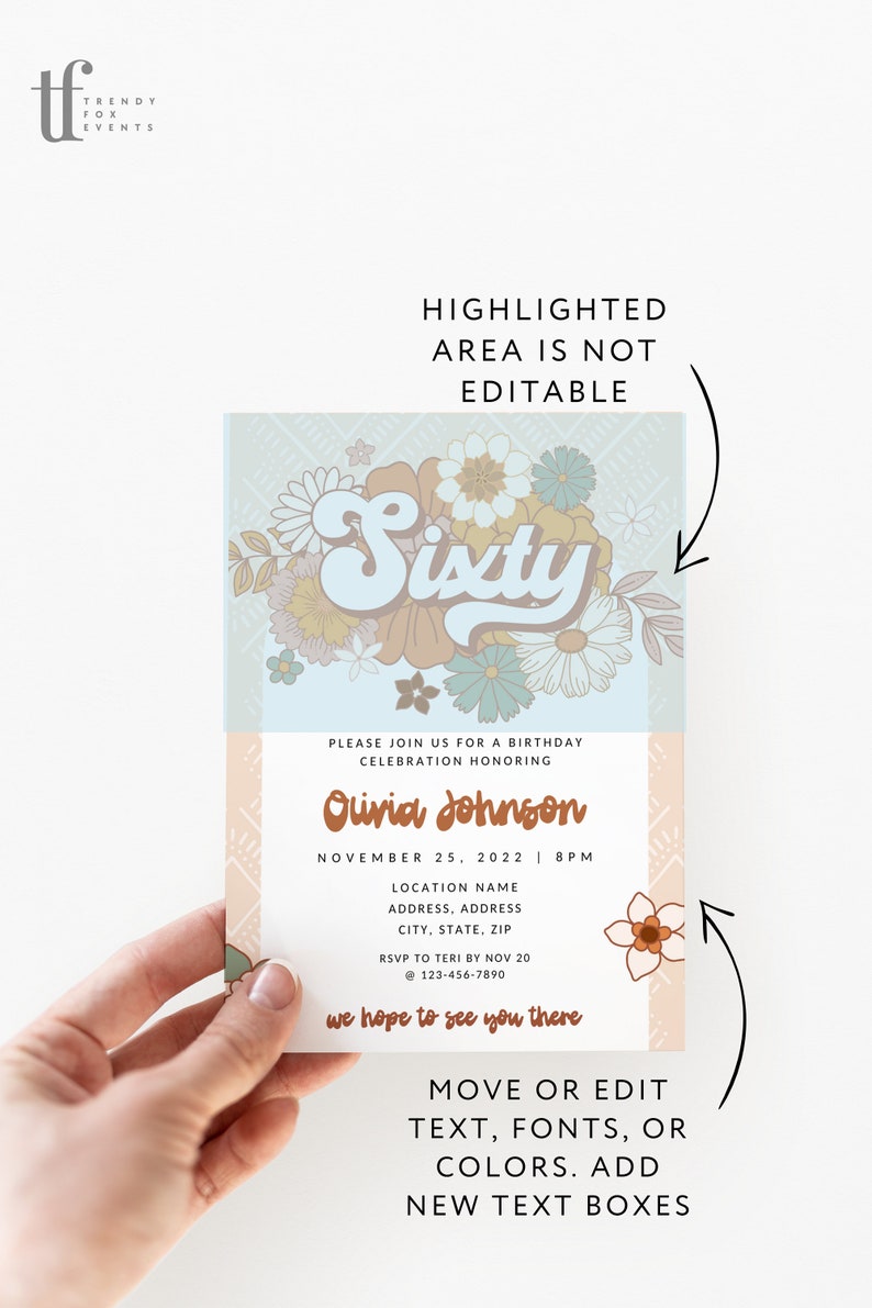 Puede incluir: Una invitaci&oacute;n azul claro y melocot&oacute;n con un dise&ntilde;o floral y el texto "Sixty" en una fuente retro. La invitaci&oacute;n es para una celebraci&oacute;n de cumplea&ntilde;os en honor a Olivia Johnson. La fecha es el 25 de noviembre de 2022 y la hora es las 8 PM. La invitaci&oacute;n incluye el texto "Por favor, &uacute;nase a nosotros para una celebraci&oacute;n de cumplea&ntilde;os en honor a Olivia Johnson" y "Esperamos verte all&iacute;".
