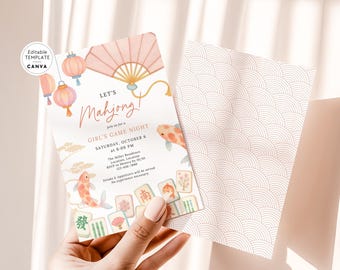 May include: A rectangular invitation card featuring a pink fan, lanterns, koi fish, and mahjong tiles with the text Let's Mahjong! Girl's Game Night, Saturday, October 6 at 6:00 PM, The Miller Residence, and RSVP to Monica by 10/01.