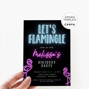 Editable Flamingo Birthday Invitation, Neon Flamingo Party Invitations, Instant Download Invitation Template, Let&#39;s Flamingle Party Invite