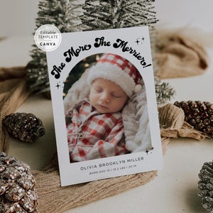 Christmas Birth Announcement Card Canva Template The More The Merrier Boho Arch New Baby Holiday Card Editable Instant Download Retro Photo