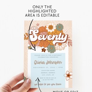May include: A 70th birthday party invitation with a floral design in shades of orange, yellow, and green. The text "Seventy" is in a retro font. The invitation includes the date, time, and RSVP information.