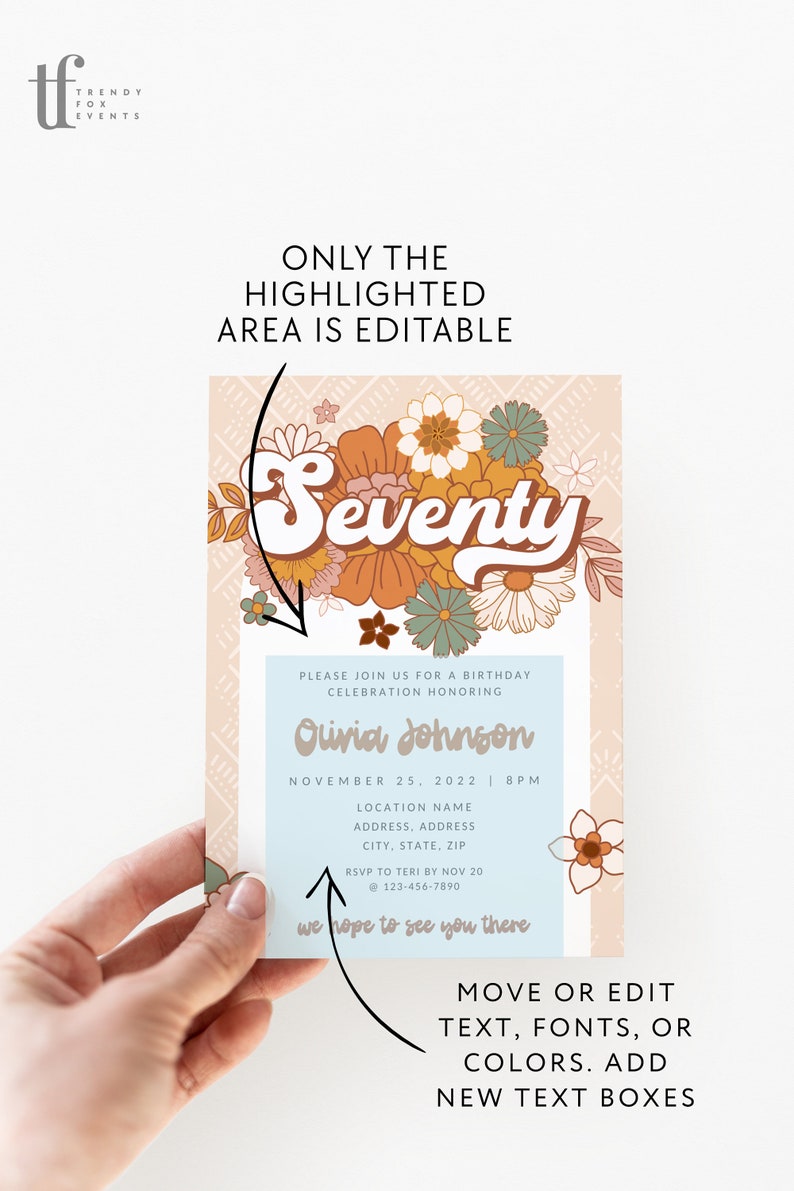 May include: A 70th birthday party invitation with a floral design in shades of orange, yellow, and green. The text "Seventy" is in a retro font. The invitation includes the date, time, and RSVP information.