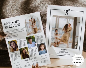 Year In Review Christmas Card Canva Template, Christmas Bow Photo Card Newsletter, Editable Photo Collage Card Printable Family Holiday Card