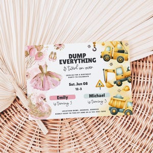 Editable Siblings Ballerina & Construction Invite Canva Template, Joint Birthday Party Invitation Printable Any Age Boy Girl Tutu Dump Truck image 3