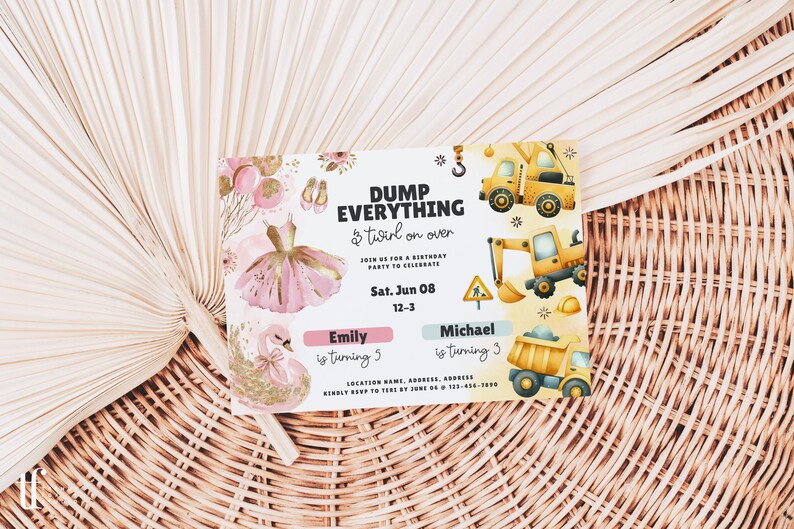 Editable Siblings Ballerina & Construction Invite Canva Template, Joint Birthday Party Invitation Printable Any Age Boy Girl Tutu Dump Truck image 3
