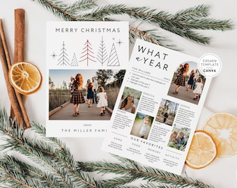 May include: Two rectangular Christmas cards featuring family photos and text. One card displays MERRY CHRISTMAS with line-art trees and the other shows WHAT A YEAR with photo collages and text sections. Both cards include editable template labels.