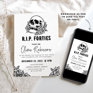 May include: Black and white invitation card with a skull and rose graphic, text reads "R.I.P. Forties" and event details. A smartphone displays the same design. The invitation is for a 50th birthday celebration.