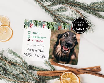 May include: A rectangular holiday card featuring a photo of a black and brown dog. The text reads Nice, Naughty, I Tried with a paw print, and Sending love & joy from Oscar & The Miller Family. The card has a green pine and red berry border.