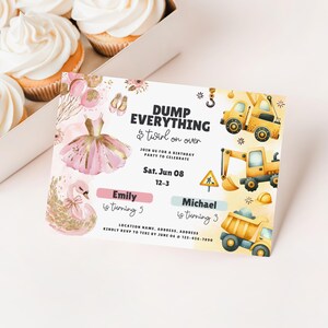 Editable Siblings Ballerina & Construction Invite Canva Template, Joint Birthday Party Invitation Printable Any Age Boy Girl Tutu Dump Truck image 6