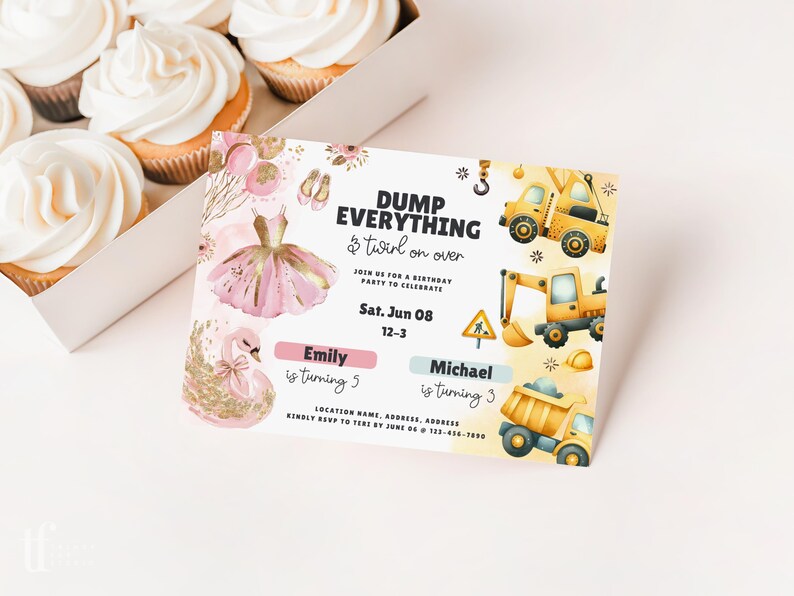 Editable Siblings Ballerina & Construction Invite Canva Template, Joint Birthday Party Invitation Printable Any Age Boy Girl Tutu Dump Truck image 6