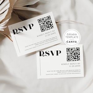 Minimalist Wedding RSVP QR Code Canva, Editable RSVP Card, qr code Reply Card, Enclosure for Wedding Invite, Scannable Invite Card, Stevie