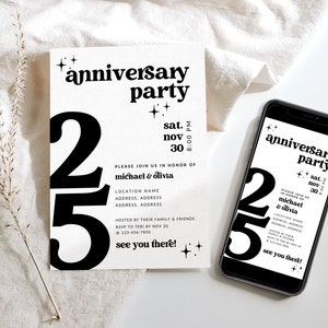 Retro 25th Anniversary Invitation Template, Groovy Anniversary Invite, Silver Wedding Anniversary Party Invitation, Canva Template - Dani