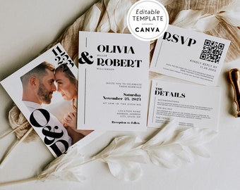 Minimalist Full Wedding Invitation Suite Canva, Photo Wedding Invitation, Editable Wedding Template, Wedding Suite Template with Pic, Stevie