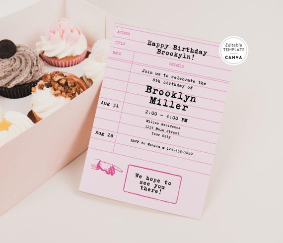 Library Card Girl Birthday Invitation Canva Template, Bookish Birthday Party Invite, Printable Invitation, Editable Invitation Template