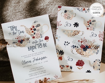 Bridal Tea Party Invitation Canva Template, Editable Tea with the Bride to Be, Bridal Tea, Bridal Brunch Invite, Floral Teacup Invite