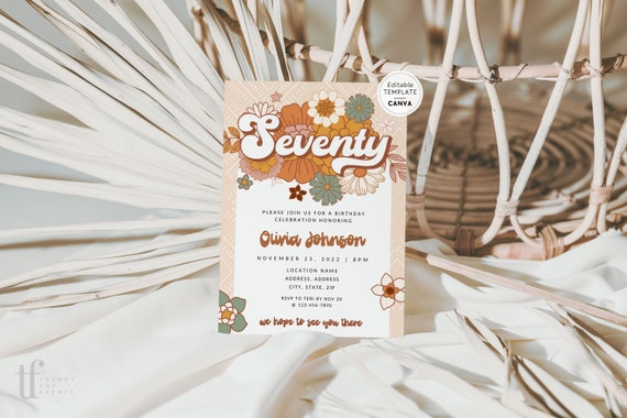 Groovy 70th Birthday Invite Template, Retro 70s Style Birthday Party Digital Invitation, Canva Template, Happy 70th Birthday, Hippie Bday