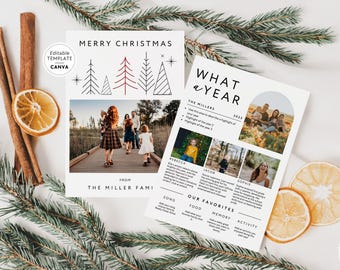 Puede incluir: Dos tarjetas navideñas rectangulares con árboles dibujados en líneas negras y rojas, el texto MERRY CHRISTMAS, WHAT A YEAR y THE MILLER FAMILY. Las plantillas incluyen espacios para fotos familiares, momentos destacados y recuerdos.