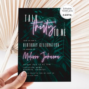 30th Birthday Invite Template, Talk Thirty To Me, Editable Modern Neon Birthday Party Invitation, DIY Canva Template, Happy 30th Birthday