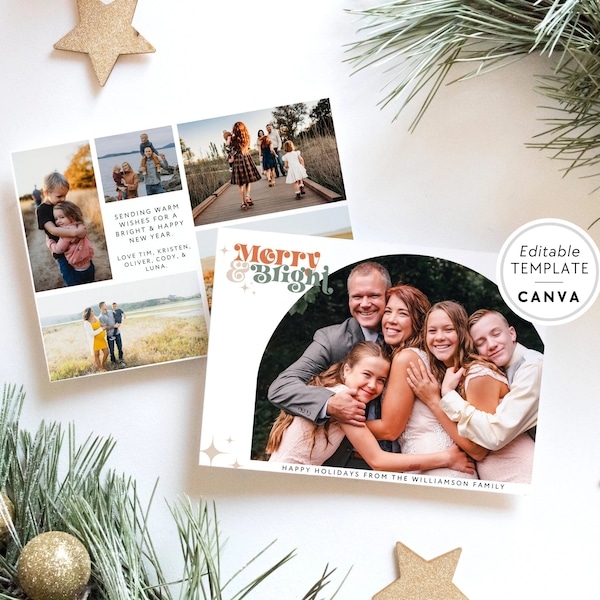 Retro Photo Christmas Card, Boho Editable Holiday Card, Christmas Arch Photo Card Template, Xmas Card with Photo, Pet Photo Canva Template