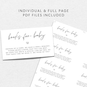 K&ouml;nnte beinhalten: Eine druckbare Babyparty-Einladungskarte mit dem Text "B&uuml;cher f&uuml;r Baby" und einer Bitte an die G&auml;ste, ein Buch anstelle einer Karte mitzubringen. Die Karte hat ein schlichtes Schwarzwei&szlig;-Design mit einem Herzsymbol.