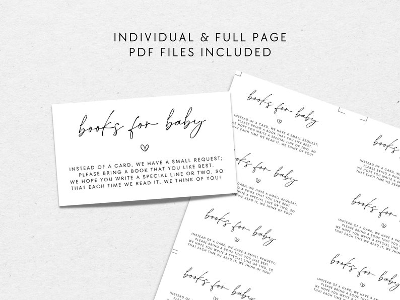 K&ouml;nnte beinhalten: Eine druckbare Babyparty-Einladungskarte mit dem Text "B&uuml;cher f&uuml;r Baby" und einer Bitte an die G&auml;ste, ein Buch anstelle einer Karte mitzubringen. Die Karte hat ein schlichtes Schwarzwei&szlig;-Design mit einem Herzsymbol.