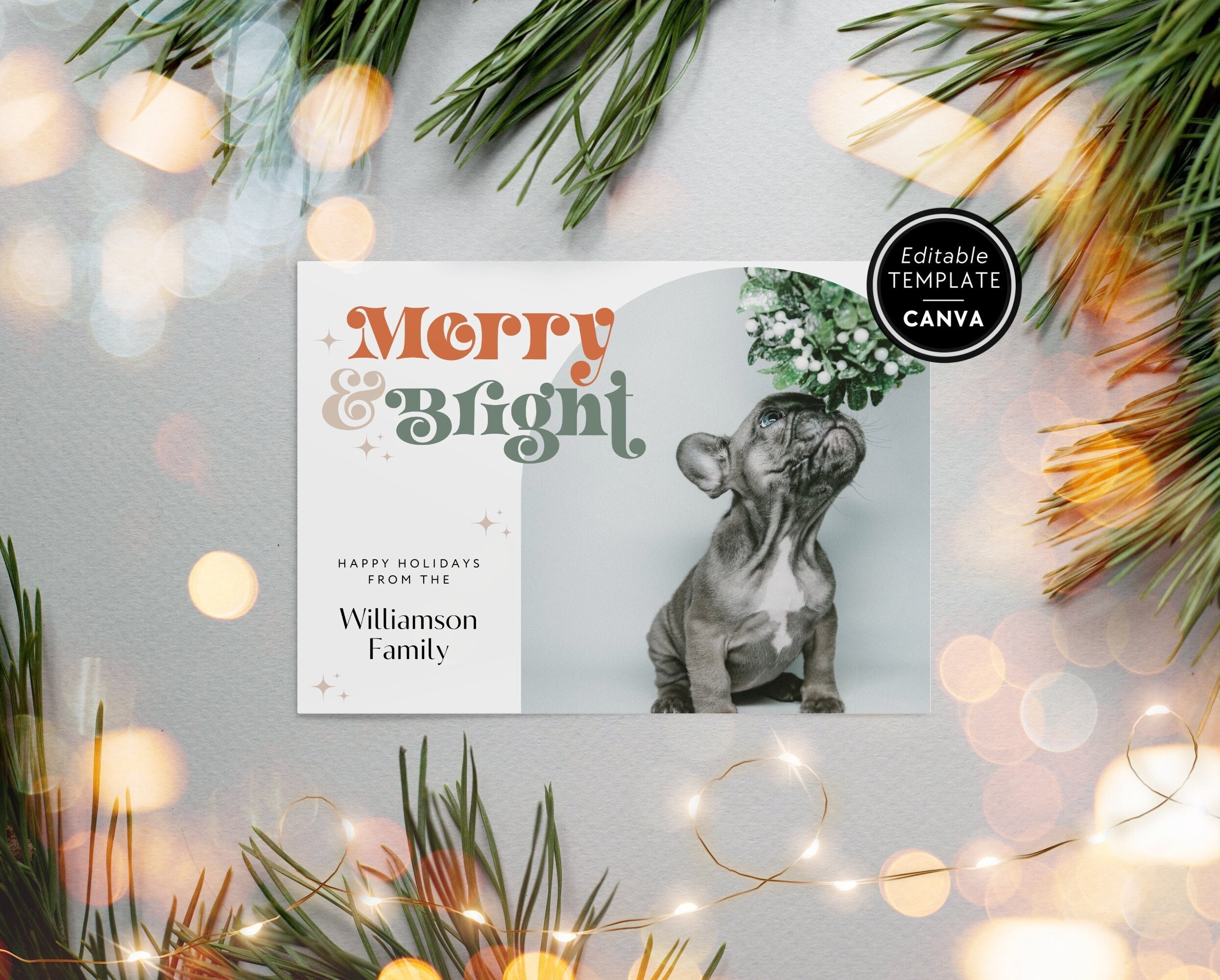 Retro Photo Christmas Card, Boho Editable Holiday Card, Christmas Arch Photo Card Template, Xmas Card with Photo, Pet Photo Canva Template