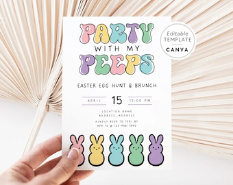 Editable Easter Egg Hunt Invitation Canva, Easter Peeps Invitation, Party With My Peeps Invite, Easter Peeps Egg Hunt Party, Spring Egg Hunt