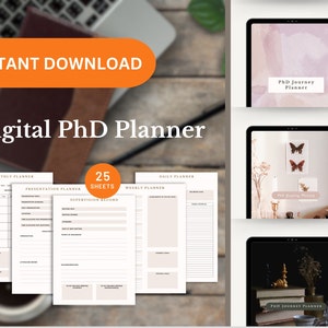 May include: A digital PhD planner with 25 sheets, including a monthly planner, presentation planner, supervision record, daily planner, and weekly planner. The planner is designed to help PhD students stay organized and on track with their studies.