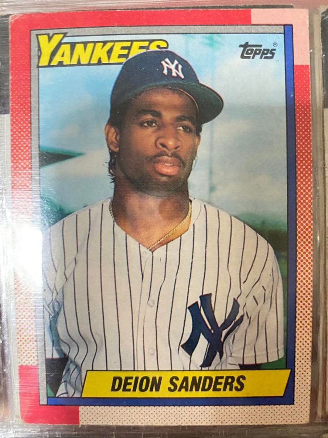 Deion Sanders Yankees 61 Topps Baseball Card Vintage Used 