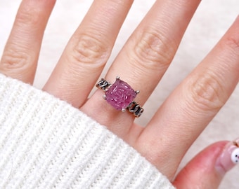 Pink Tourmaline Rose Carved S925 Sterling Silver Adjustable Ring October Birthstone Pink Tourmaline Ring | Crystal Department (Gift for Her)