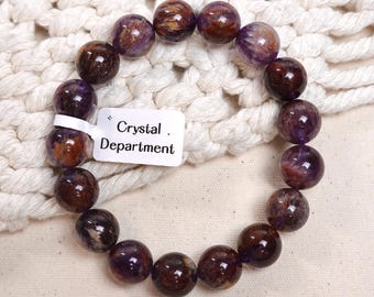 Braccialetto di cristallo di quarzo fantasma naturale di ametista viola Lodolite da 12 mm con quarzo fantasma da giardino, regalo / Dipartimento cristalli